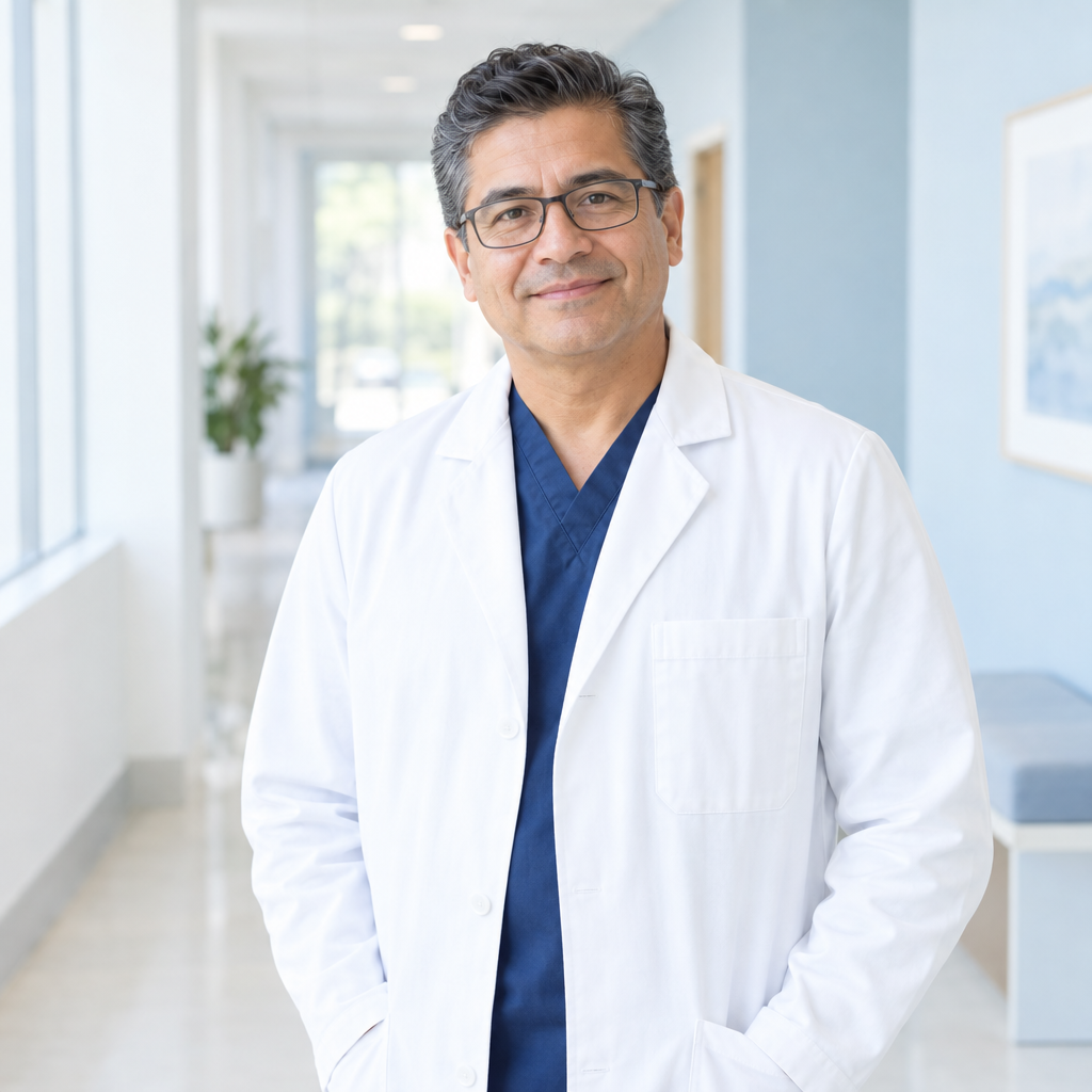 A smiling physician in a white coat in a bright clinic hallway (illustrative)