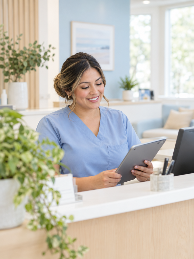 A smiling clinic receptionist reviewing a tablet at the front desk